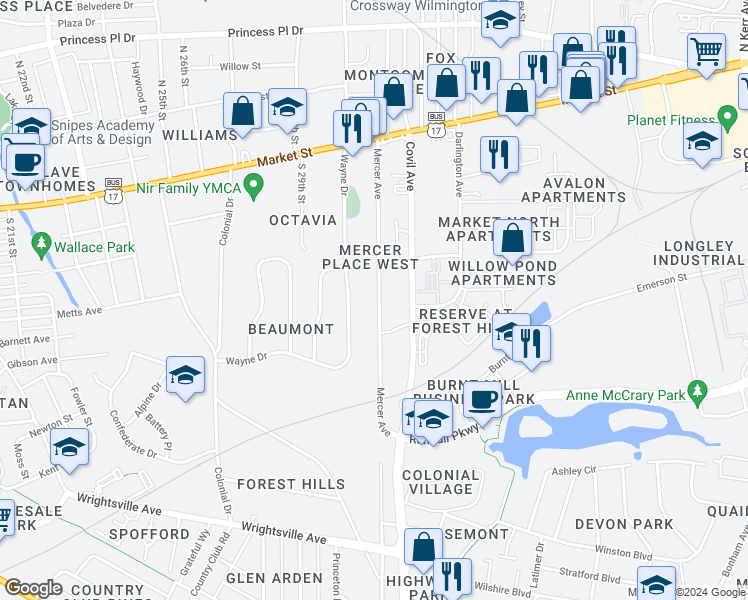 map of restaurants, bars, coffee shops, grocery stores, and more near 328 Mercer Avenue in Wilmington
