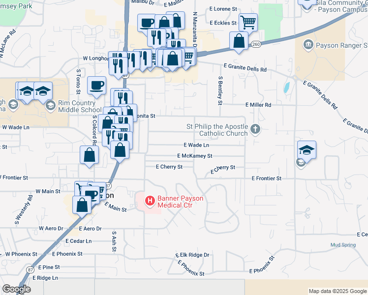 map of restaurants, bars, coffee shops, grocery stores, and more near 403 East Wade Lane in Payson