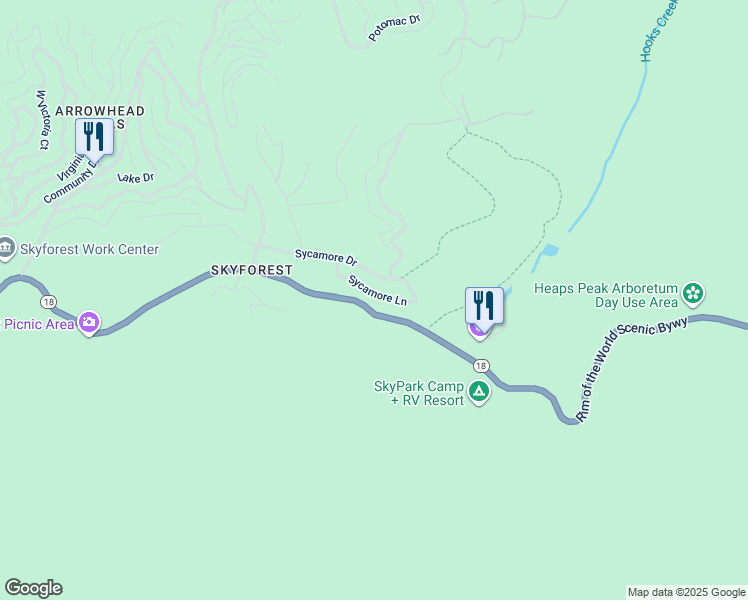 map of restaurants, bars, coffee shops, grocery stores, and more near 28837 Sycamore Lane in Skyforest