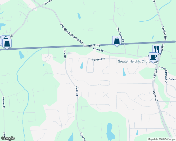 map of restaurants, bars, coffee shops, grocery stores, and more near 4560 Evandale Way in Cumming