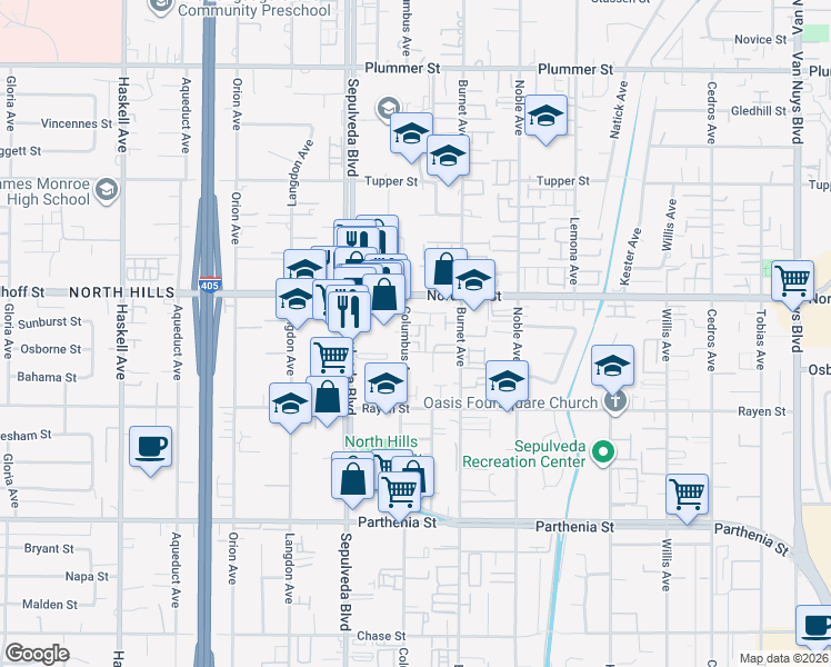 map of restaurants, bars, coffee shops, grocery stores, and more near 9029 Columbus Avenue in Los Angeles