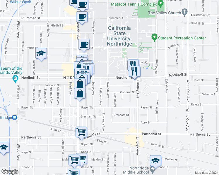 map of restaurants, bars, coffee shops, grocery stores, and more near 18256 Sunburst Street in Los Angeles