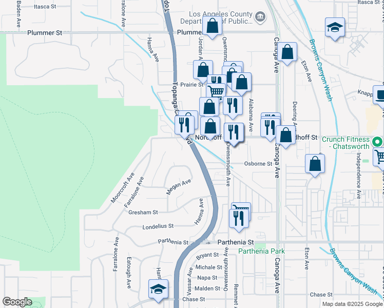 map of restaurants, bars, coffee shops, grocery stores, and more near 9035 Topanga Canyon Boulevard in Los Angeles