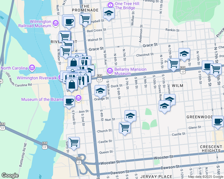 map of restaurants, bars, coffee shops, grocery stores, and more near 101 South 5th Avenue in Wilmington