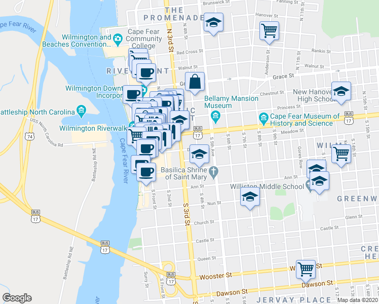 map of restaurants, bars, coffee shops, grocery stores, and more near 103 South 4th Street in Wilmington