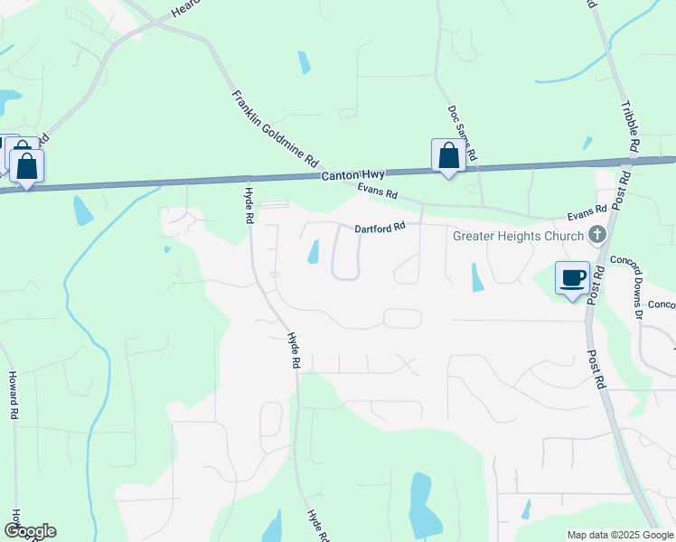 map of restaurants, bars, coffee shops, grocery stores, and more near 4560 Evandale Way in Cumming