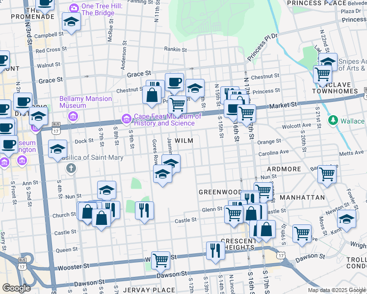 map of restaurants, bars, coffee shops, grocery stores, and more near 1207 Orange Street in Wilmington