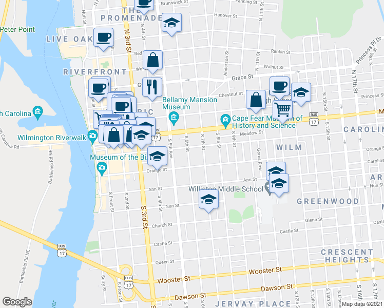 map of restaurants, bars, coffee shops, grocery stores, and more near 107 South 6th Street in Wilmington