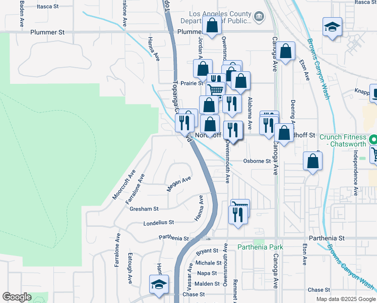 map of restaurants, bars, coffee shops, grocery stores, and more near 9035 Topanga Canyon Boulevard in Los Angeles