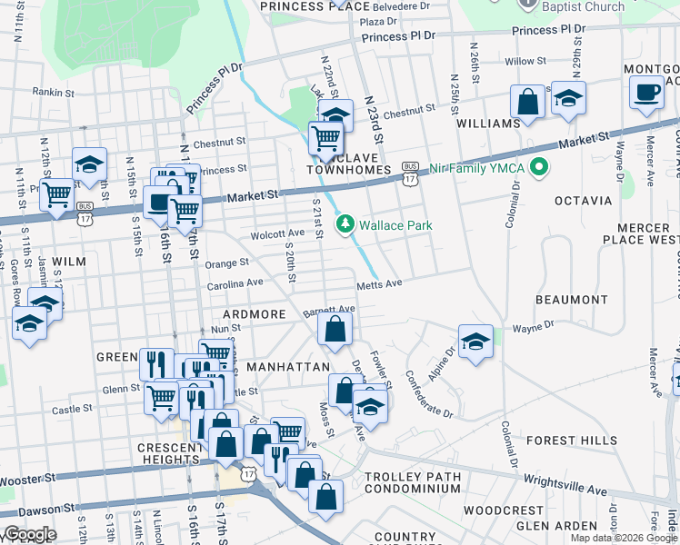 map of restaurants, bars, coffee shops, grocery stores, and more near 2114 Creecy Avenue in Wilmington