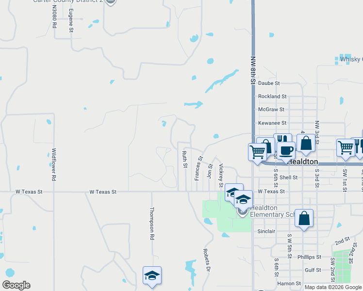 map of restaurants, bars, coffee shops, grocery stores, and more near 225 Ruth Street in Healdton