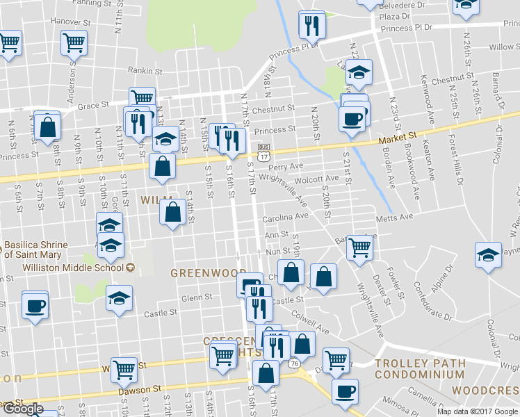 map of restaurants, bars, coffee shops, grocery stores, and more near 1704 Orange Street in Wilmington