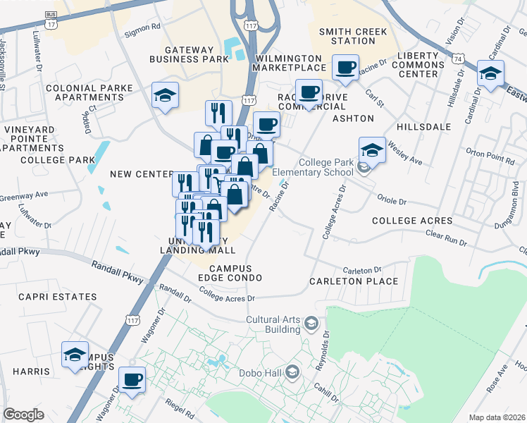 map of restaurants, bars, coffee shops, grocery stores, and more near 420 Racine Drive in Wilmington