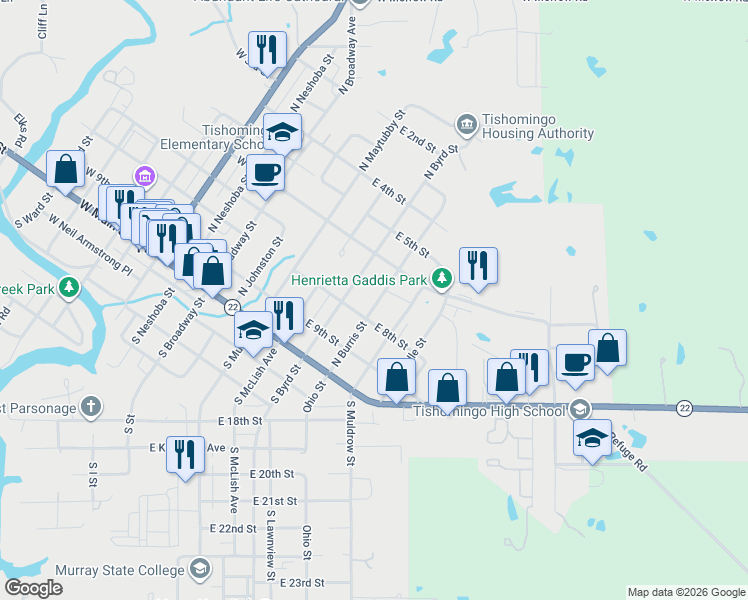 map of restaurants, bars, coffee shops, grocery stores, and more near 307 North Burris Street in Tishomingo
