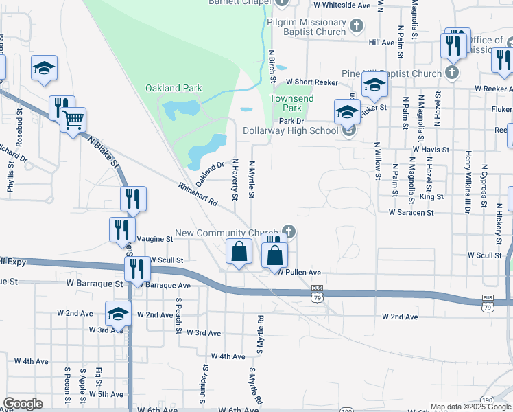 map of restaurants, bars, coffee shops, grocery stores, and more near 413 North Myrtle Street in Pine Bluff