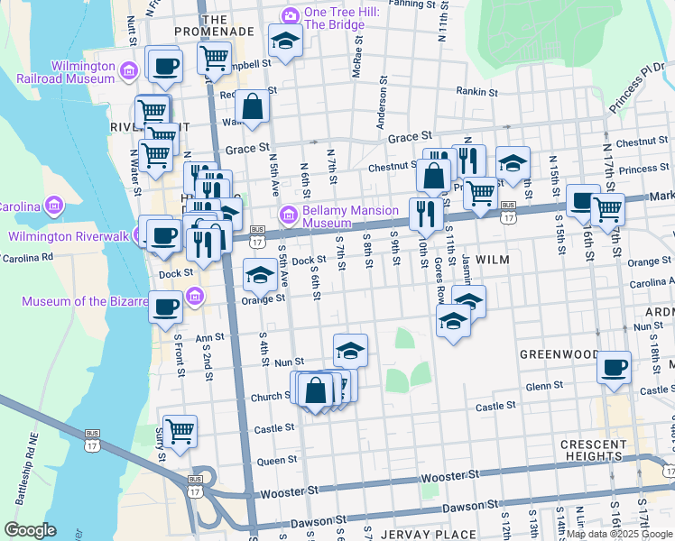 map of restaurants, bars, coffee shops, grocery stores, and more near 108 South 7th Street in Wilmington