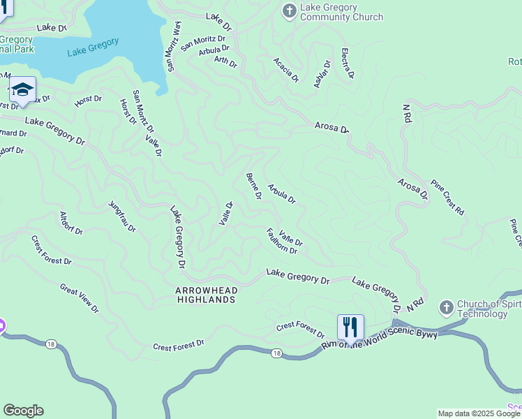 map of restaurants, bars, coffee shops, grocery stores, and more near Valle Drive in Crestline