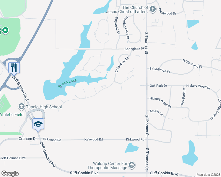 map of restaurants, bars, coffee shops, grocery stores, and more near 1702 Columbine Drive in Tupelo