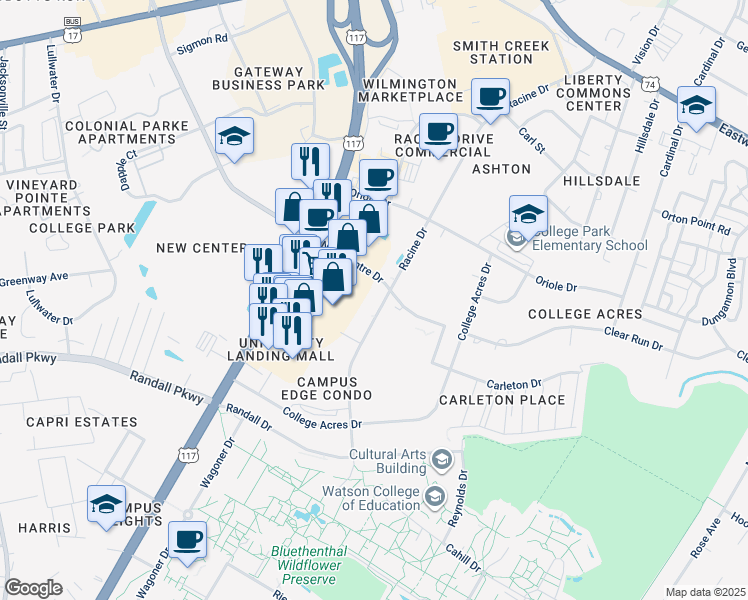 map of restaurants, bars, coffee shops, grocery stores, and more near 420 Racine Drive in Wilmington
