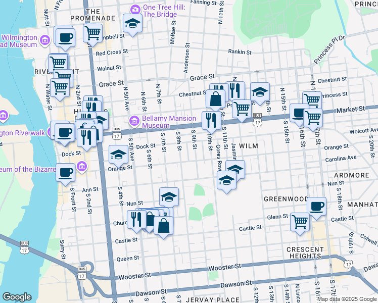 map of restaurants, bars, coffee shops, grocery stores, and more near 113 Saint James Street in Wilmington