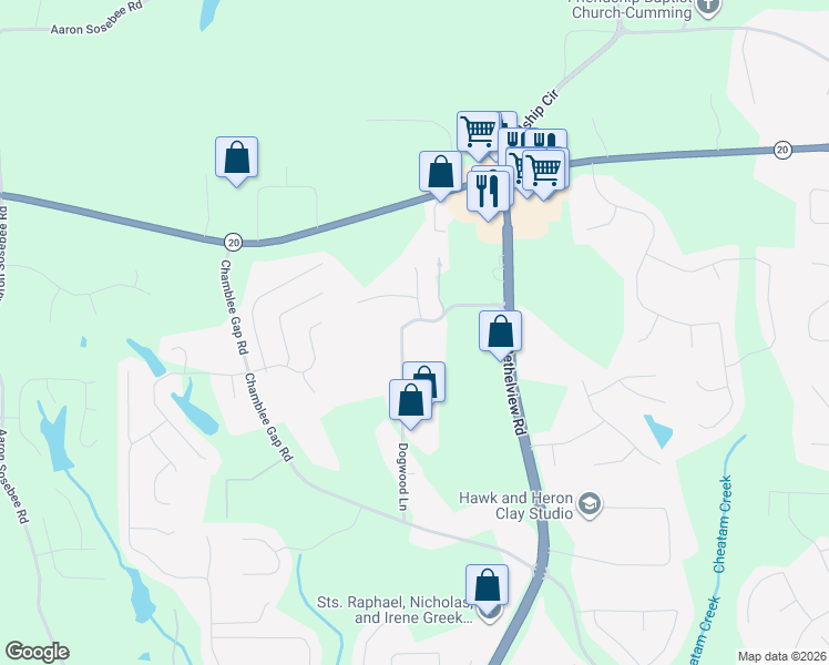 map of restaurants, bars, coffee shops, grocery stores, and more near 2717 Dogwood Lane in Cumming