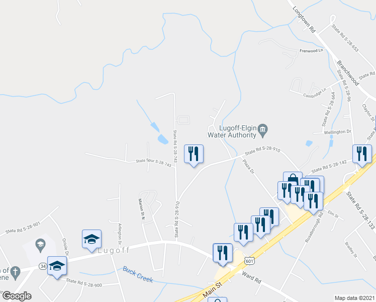 map of restaurants, bars, coffee shops, grocery stores, and more near 138 State Road S-28-743 in Lugoff