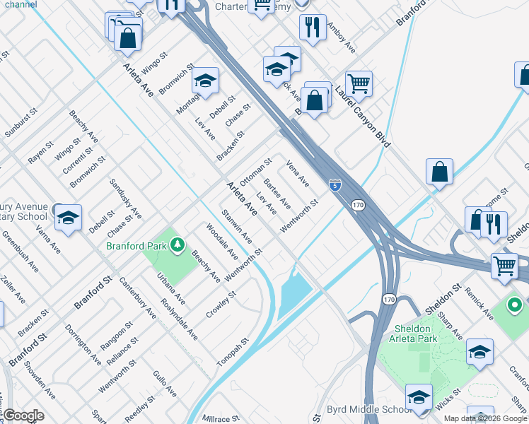 map of restaurants, bars, coffee shops, grocery stores, and more near 13080 Rangoon Street in Los Angeles