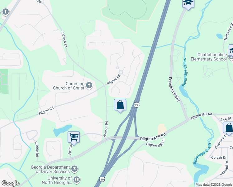 map of restaurants, bars, coffee shops, grocery stores, and more near 2510 Sheldon Place in Cumming