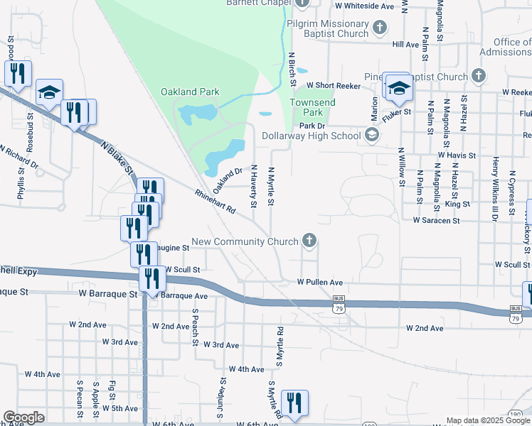 map of restaurants, bars, coffee shops, grocery stores, and more near 413 North Myrtle Street in Pine Bluff