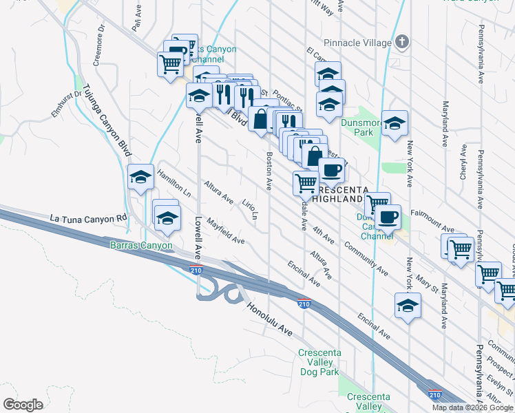 map of restaurants, bars, coffee shops, grocery stores, and more near 3861 Lirio Lane in Glendale