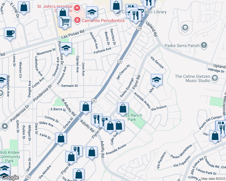 map of restaurants, bars, coffee shops, grocery stores, and more near 4649 Calle Brisa in Camarillo