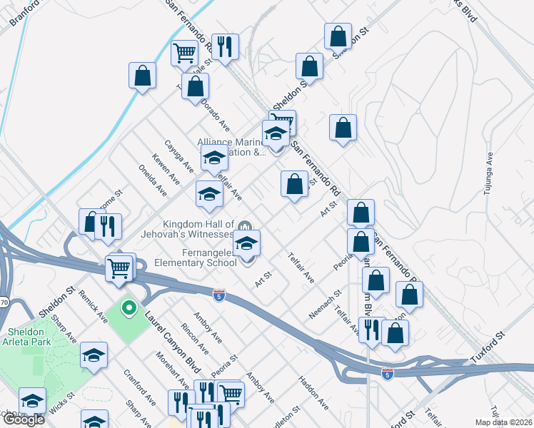 map of restaurants, bars, coffee shops, grocery stores, and more near 11963 Wicks Street in Los Angeles