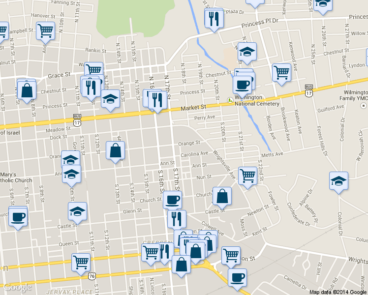 map of restaurants, bars, coffee shops, grocery stores, and more near 1712 Orange Street in Wilmington