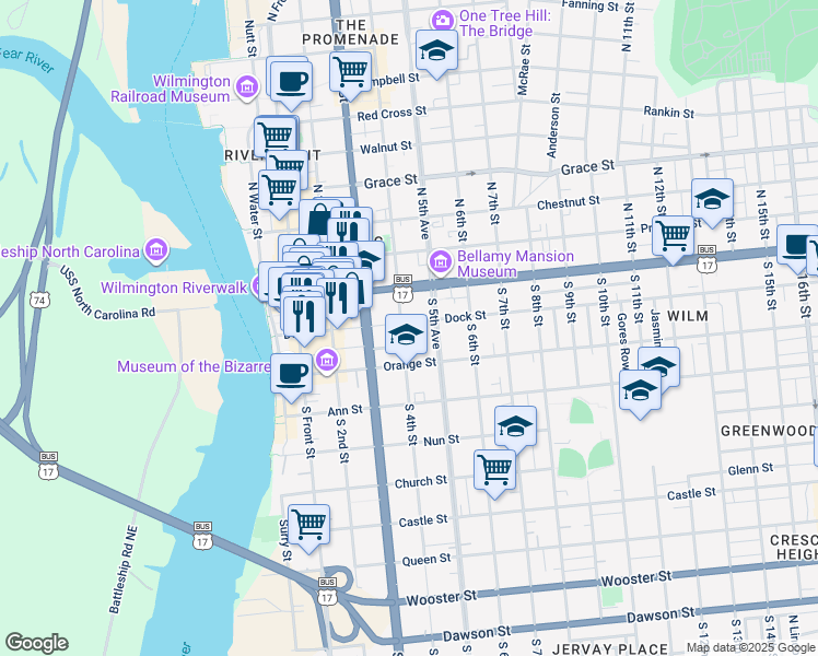 map of restaurants, bars, coffee shops, grocery stores, and more near 103 S 4th St in Wilmington