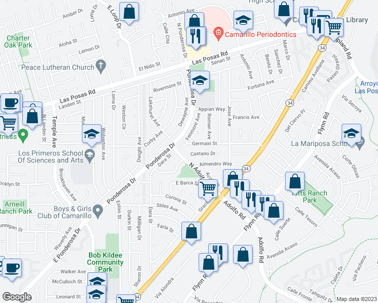 map of restaurants, bars, coffee shops, grocery stores, and more near 3531 Castano Drive in Camarillo