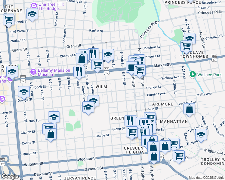 map of restaurants, bars, coffee shops, grocery stores, and more near 1309 Orange Street in Wilmington
