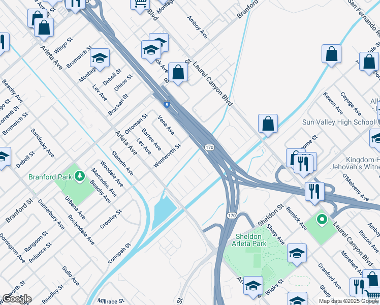 map of restaurants, bars, coffee shops, grocery stores, and more near 12874 Crowley Street in Los Angeles