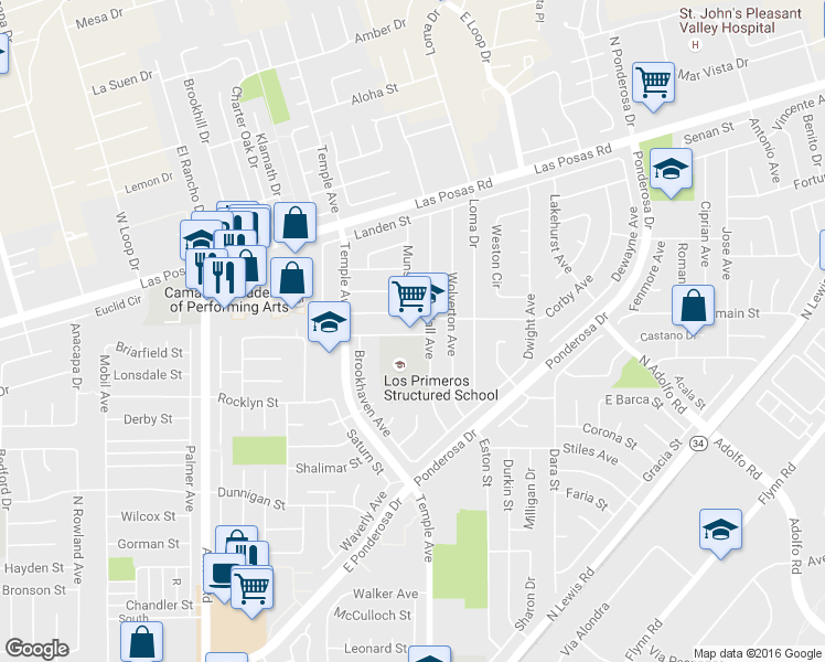 map of restaurants, bars, coffee shops, grocery stores, and more near 2873 Los Nogales Ave in Camarillo