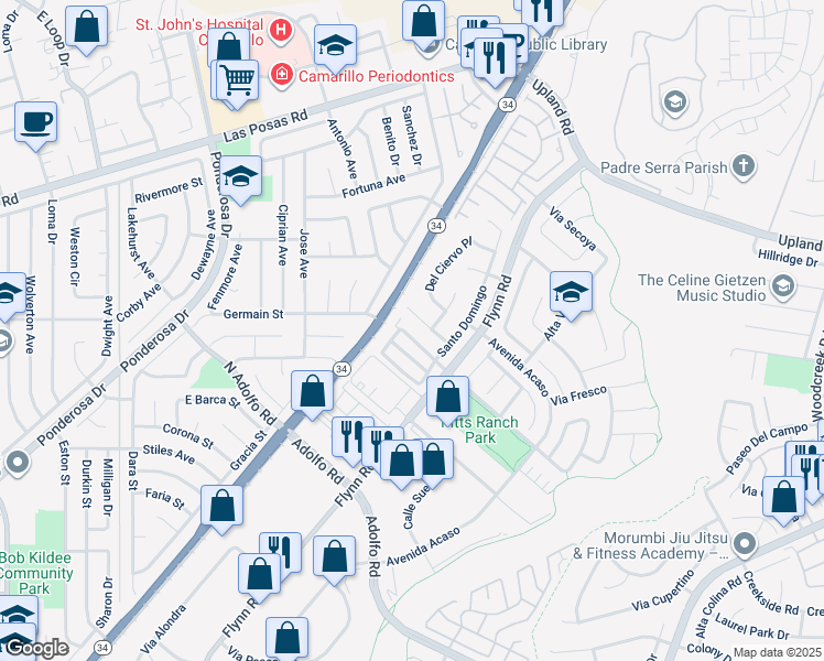 map of restaurants, bars, coffee shops, grocery stores, and more near 4649 Calle Brisa in Camarillo