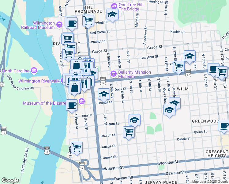 map of restaurants, bars, coffee shops, grocery stores, and more near 105 South 5th Street in Wilmington