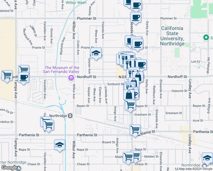 map of restaurants, bars, coffee shops, grocery stores, and more near 18650 Sunburst Street in Los Angeles
