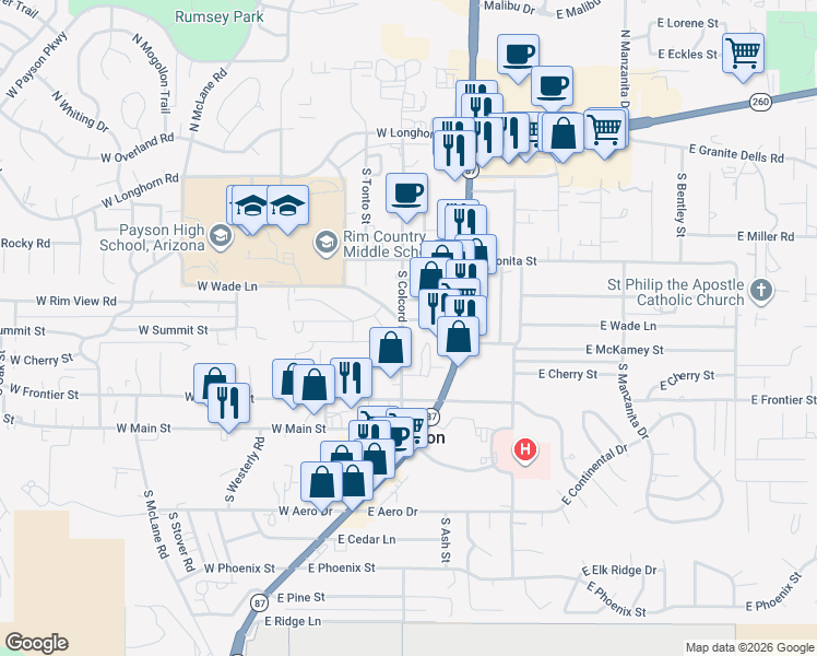 map of restaurants, bars, coffee shops, grocery stores, and more near 509 South Colcord Road in Payson