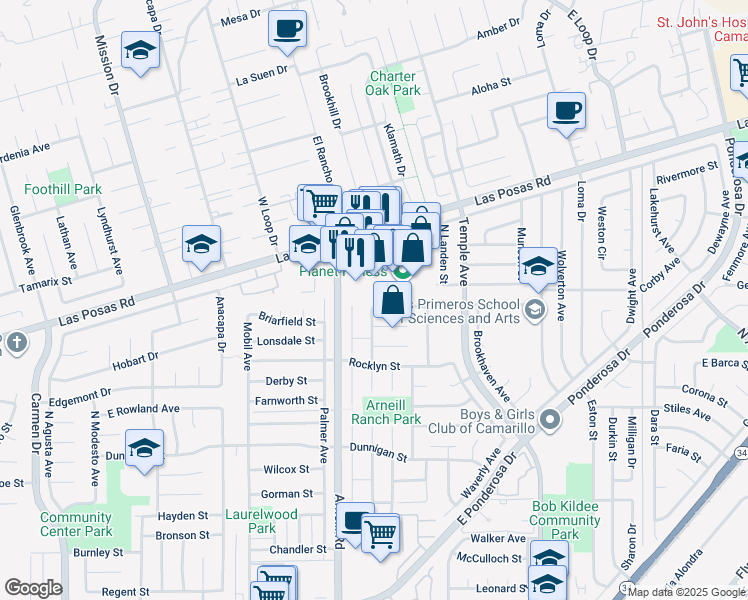 map of restaurants, bars, coffee shops, grocery stores, and more near 2415 Kimberly Avenue in Camarillo