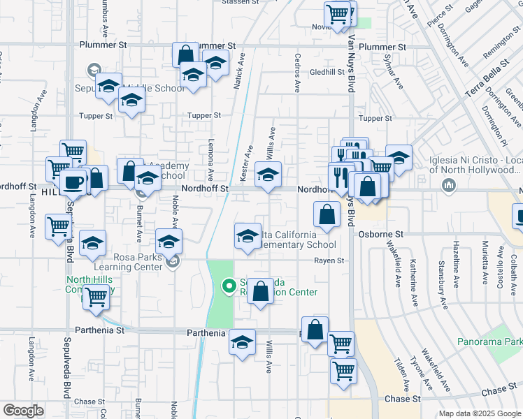 map of restaurants, bars, coffee shops, grocery stores, and more near 14834 West Maple Terrace in Los Angeles