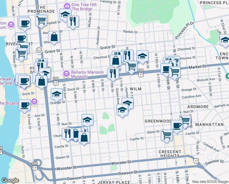 map of restaurants, bars, coffee shops, grocery stores, and more near 111 Magnolia Street in Wilmington