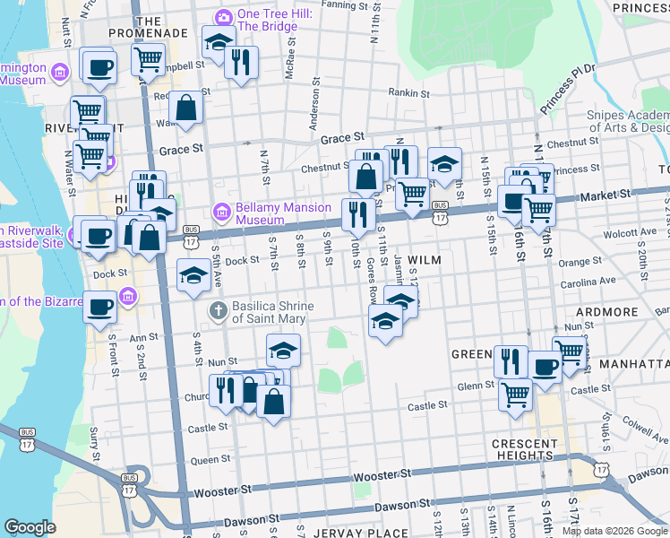 map of restaurants, bars, coffee shops, grocery stores, and more near 111 Magnolia Street in Wilmington