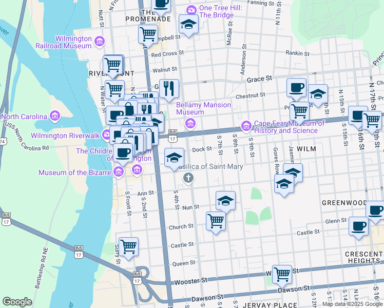 map of restaurants, bars, coffee shops, grocery stores, and more near 101 South 5th Avenue in Wilmington