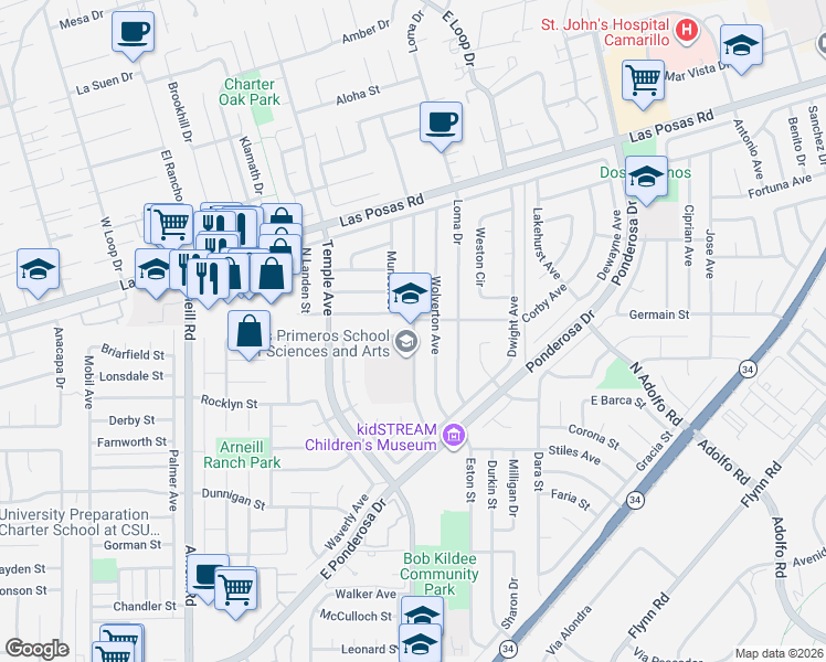 map of restaurants, bars, coffee shops, grocery stores, and more near 2873 Los Nogales Avenue in Camarillo