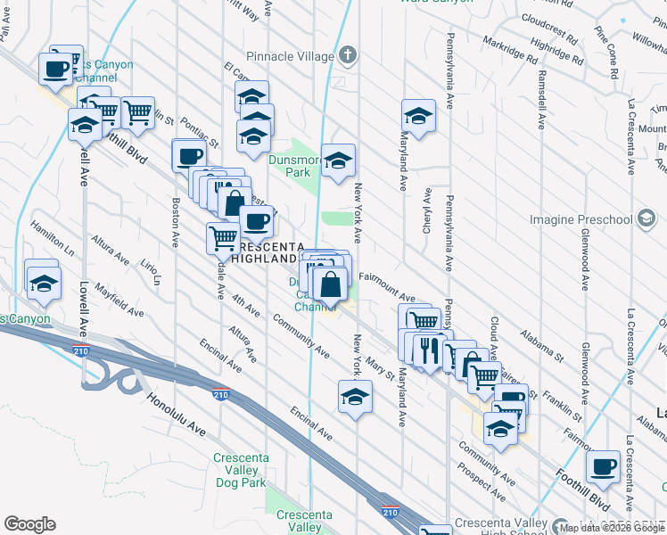map of restaurants, bars, coffee shops, grocery stores, and more near 4528 Frederick Avenue in Glendale