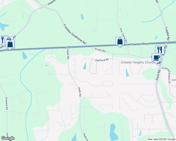 map of restaurants, bars, coffee shops, grocery stores, and more near 4575 Evandale Way in Cumming